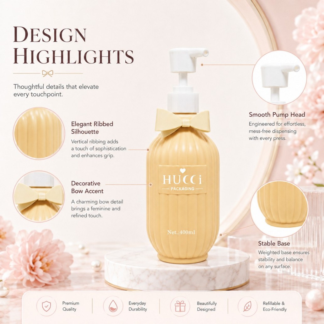HUCCI 400ml Beige Ribbed Bow Lotion Pump Bottle Premium Design Features HUCCI 400ml Beige Ribbed Bow Lotion Pump Bottle Premium Design Features