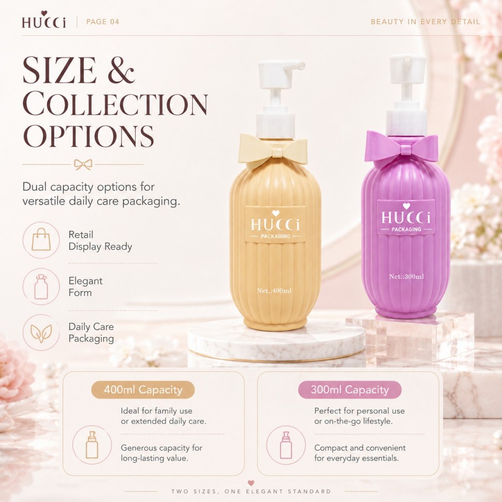 HUCCI 300ml 400ml Ribbed Bow Pump Bottle Dual Capacity Display HUCCI 300ml 400ml Ribbed Bow Pump Bottle Dual Capacity Display