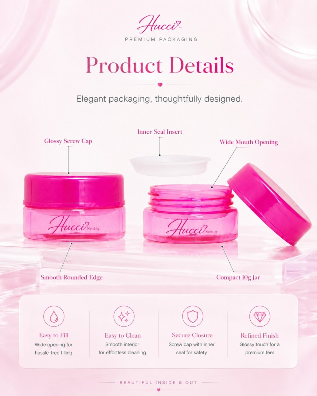 HUCCI 10g Glossy Screw Cap Cream Jar with Inner Seal Wide Mouth Design Features