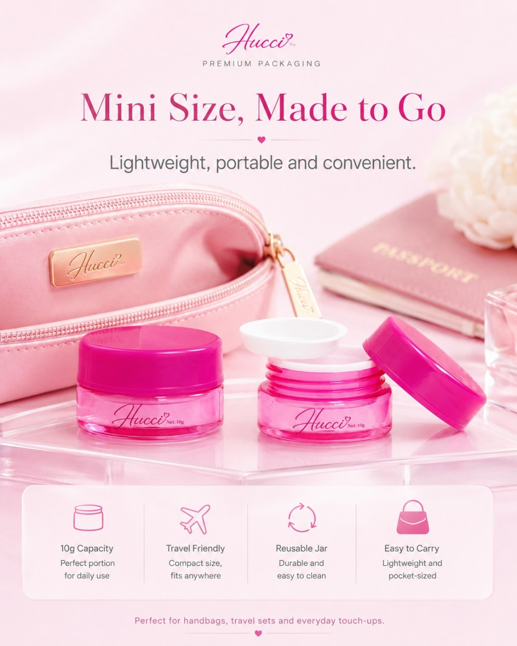 HUCCI 10g Reusable Travel Cream Jar for Handbag Makeup Kit Daily Touch-ups