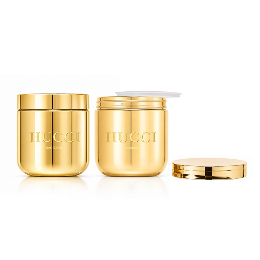 HUCCI 500ml Electroplated Gold Cream Jar with Detachable Lid White Studio Shot