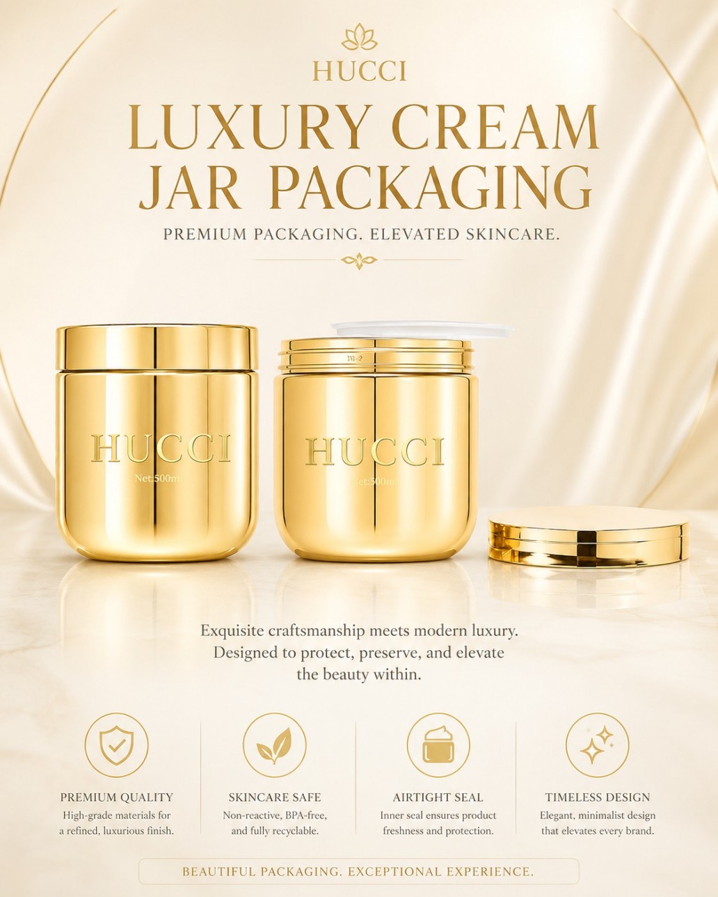 HUCCI 500ml Premium Electroplated Gold Cream Jar Airtight Skincare Packaging