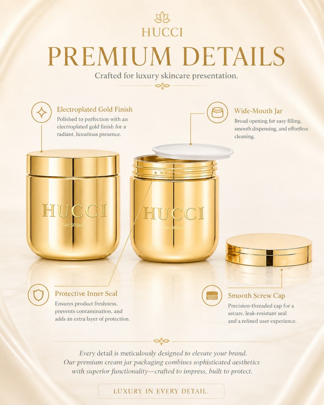 HUCCI 500ml Gold Jar Wide Mouth Screw Cap Protective Inner Seal Design Details