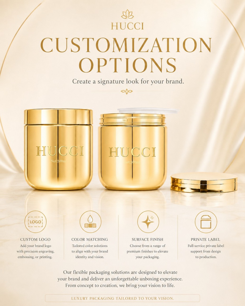 HUCCI 500ml Luxury Cream Jar Custom Logo Color Finish Private Label Service