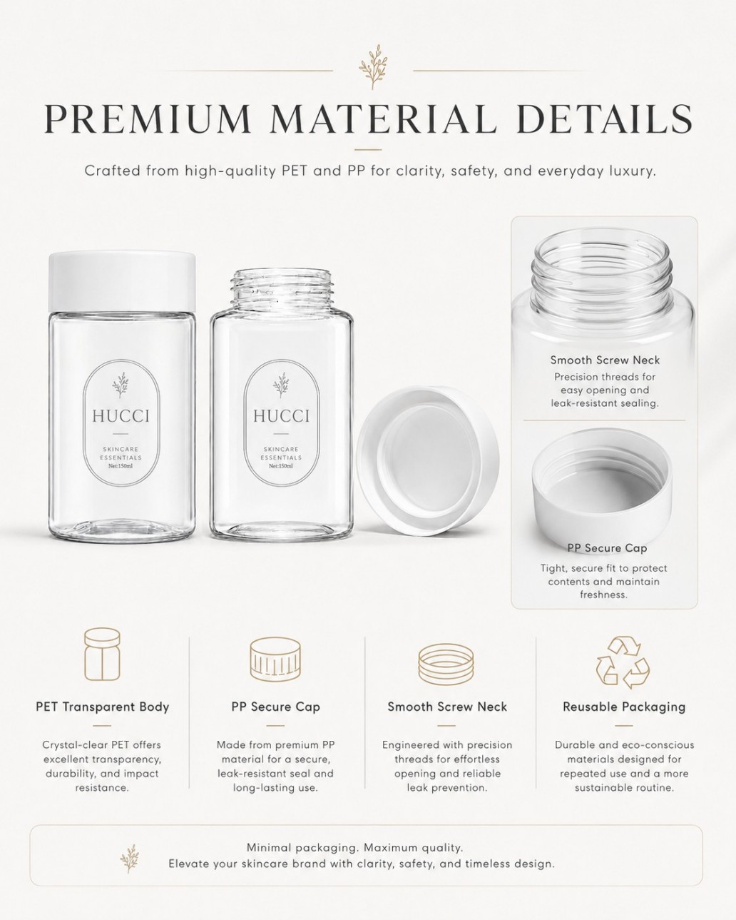 HUCCI 150ml Transparent PET Jar PP Screw Cap Smooth Neck Reusable Packaging Features HUCCI 150ml Transparent PET Jar PP Screw Cap Smooth Neck Reusable Packaging Features