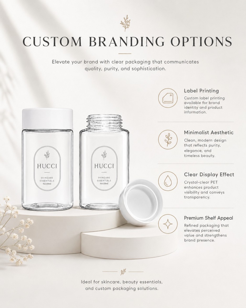 HUCCI 150ml Transparent Skincare Jar Custom Label Printing Minimalist Packaging Service HUCCI 150ml Transparent Skincare Jar Custom Label Printing Minimalist Packaging Service