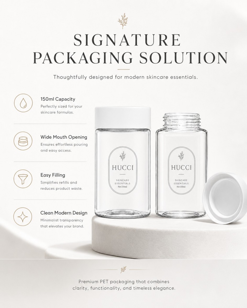 HUCCI 150ml Wide Mouth PET Jar Easy Filling Clean Modern Skincare Packaging HUCCI 150ml Wide Mouth PET Jar Easy Filling Clean Modern Skincare Packaging