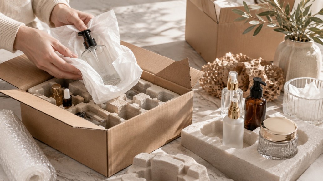 Glass cosmetic bottles protected with packaging inserts for safe transportation Glass cosmetic bottles protected with packaging inserts for safe transportation
