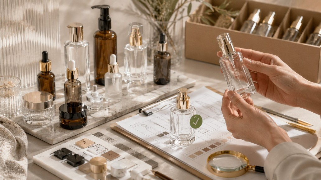Quality inspection of glass cosmetic bottle samples from a packaging supplier Quality inspection of glass cosmetic bottle samples from a packaging supplier