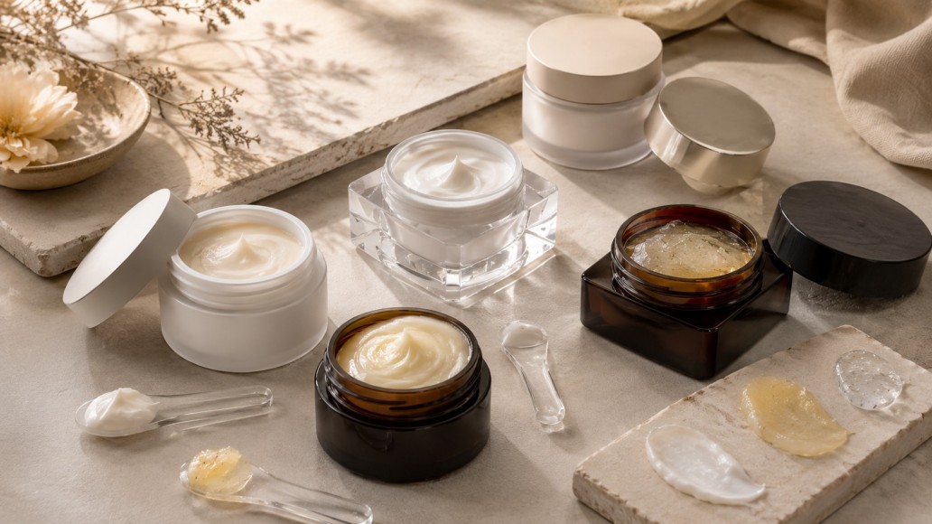 Plastic cosmetic jars with cream, balm and gel formulas in different viscosities Plastic cosmetic jars with cream, balm and gel formulas in different viscosities
