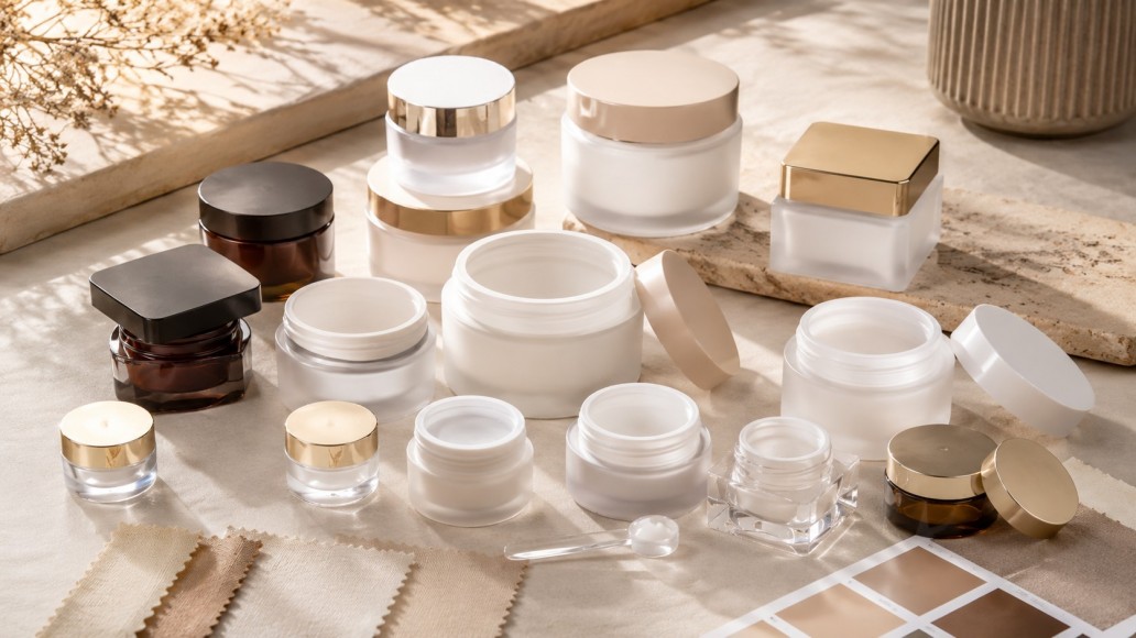 Plastic cosmetic jars in different capacities, shapes and opening sizes Plastic cosmetic jars in different capacities, shapes and opening sizes