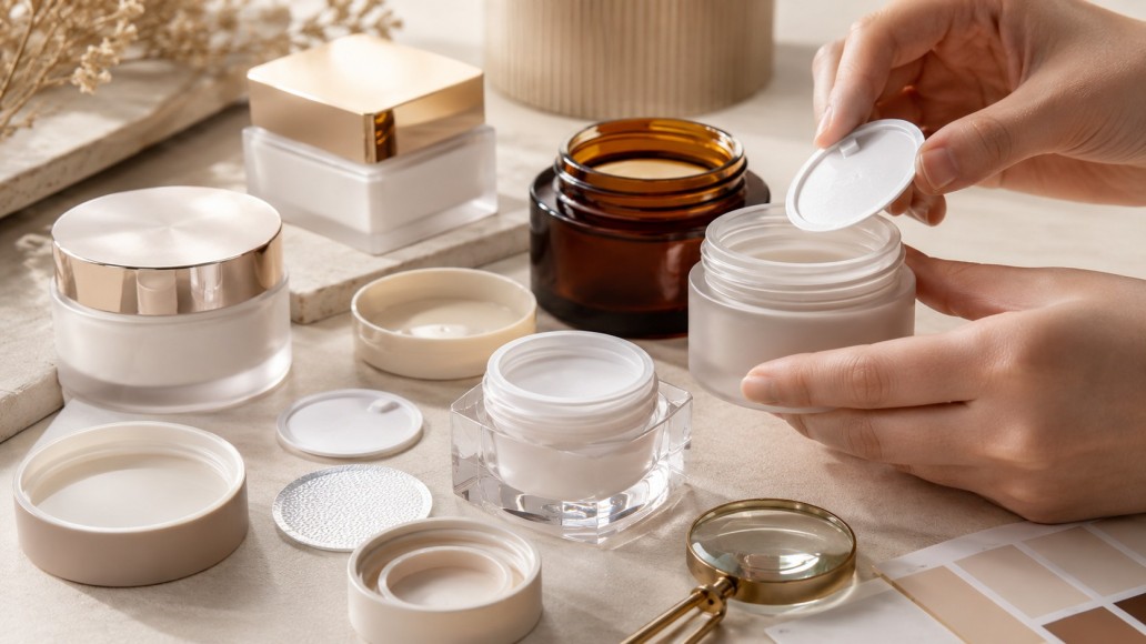 Plastic cosmetic jar closures, inner liners and sealing components being inspected Plastic cosmetic jar closures, inner liners and sealing components being inspected
