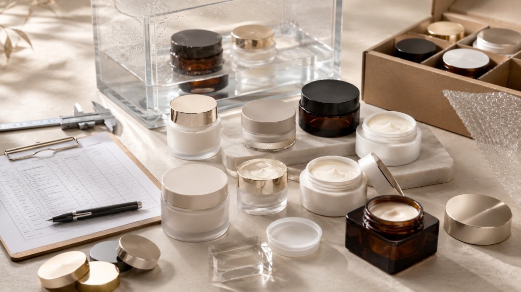 Plastic cosmetic jars undergoing packaging, sealing and quality tests before production Plastic cosmetic jars undergoing packaging, sealing and quality tests before production