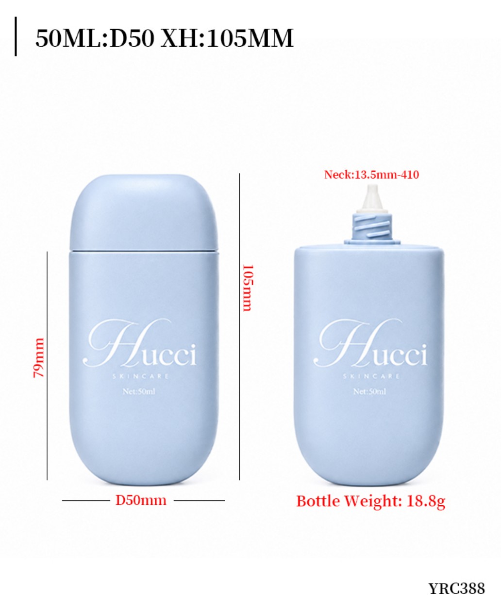 50ml D50 matte travel cosmetic squeeze bottle dimension drawing, custom skincare packaging container