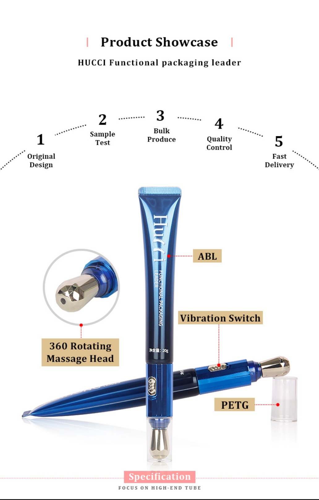 HUCCI ABL Eye Cream Tube 360&deg; Massage Head Vibration Switch PETG Cap OEM Process
