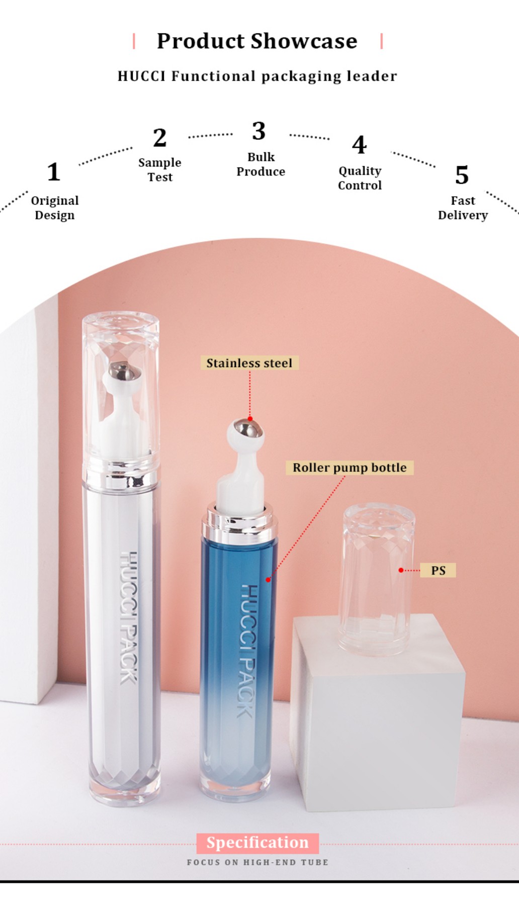 HUCCI Roller Pump Eye Serum Tube Bottle PS Cap Stainless Steel Ball OEM Production Process