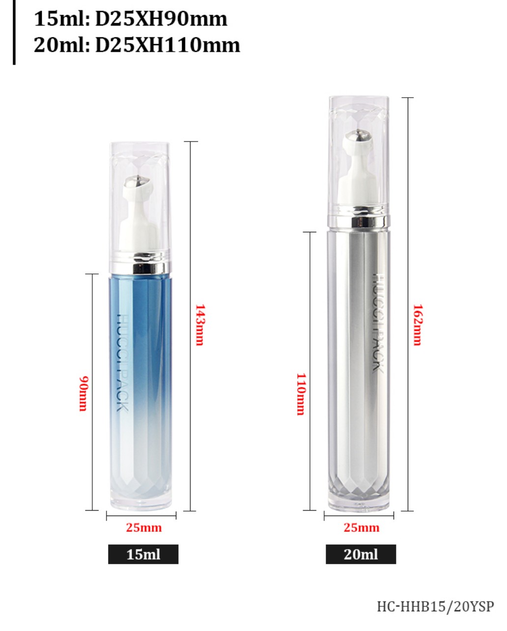 15ml 20ml D25 Eye Serum Roller Tube Bottle Dimensions Specification