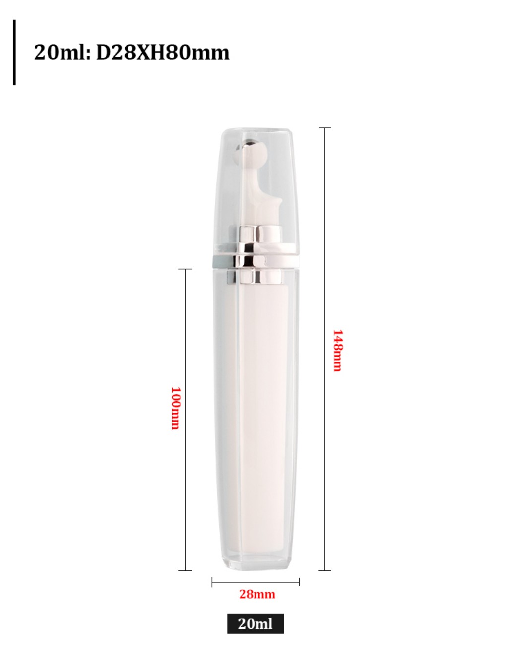 20ml D28mm Airless Roller Eye Serum Bottle Dimension Size Chart