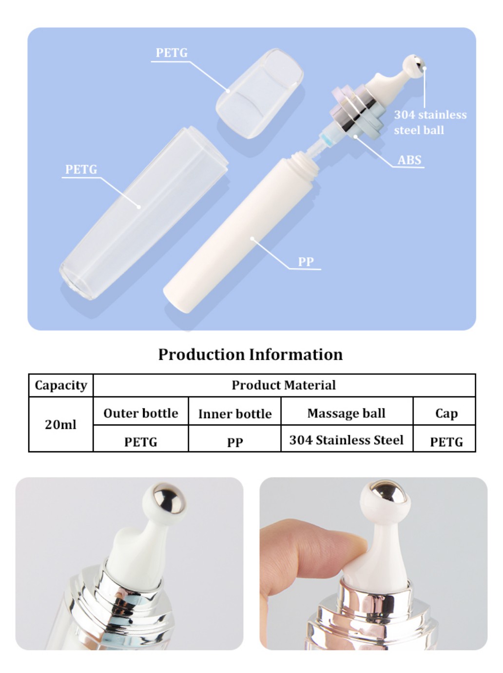 HUCCI 20ml Eye Roller Bottle Disassembled PETG PP 304 Stainless Steel Material Specification