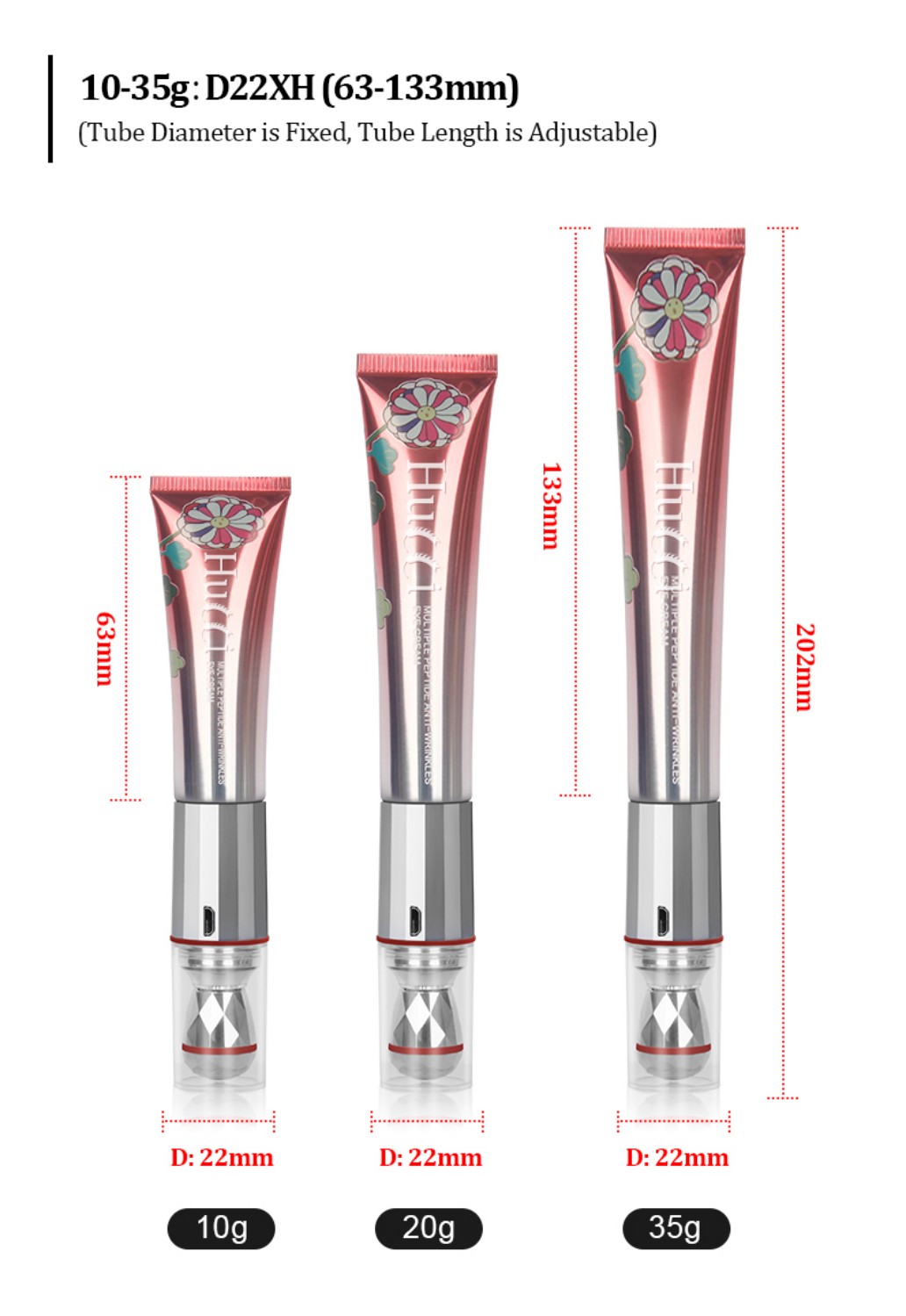 10g 20g 35g D22mm Infrared Heating Vibrating Eye Cream Tube Size Specification