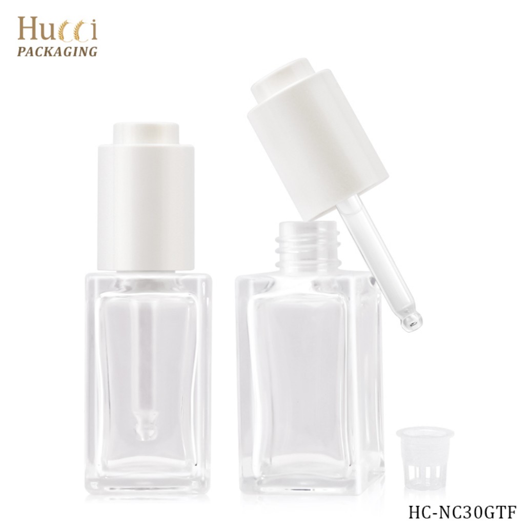 HUCCI 30ml Clear Square PETG Dropper Bottles with White Cap White Background