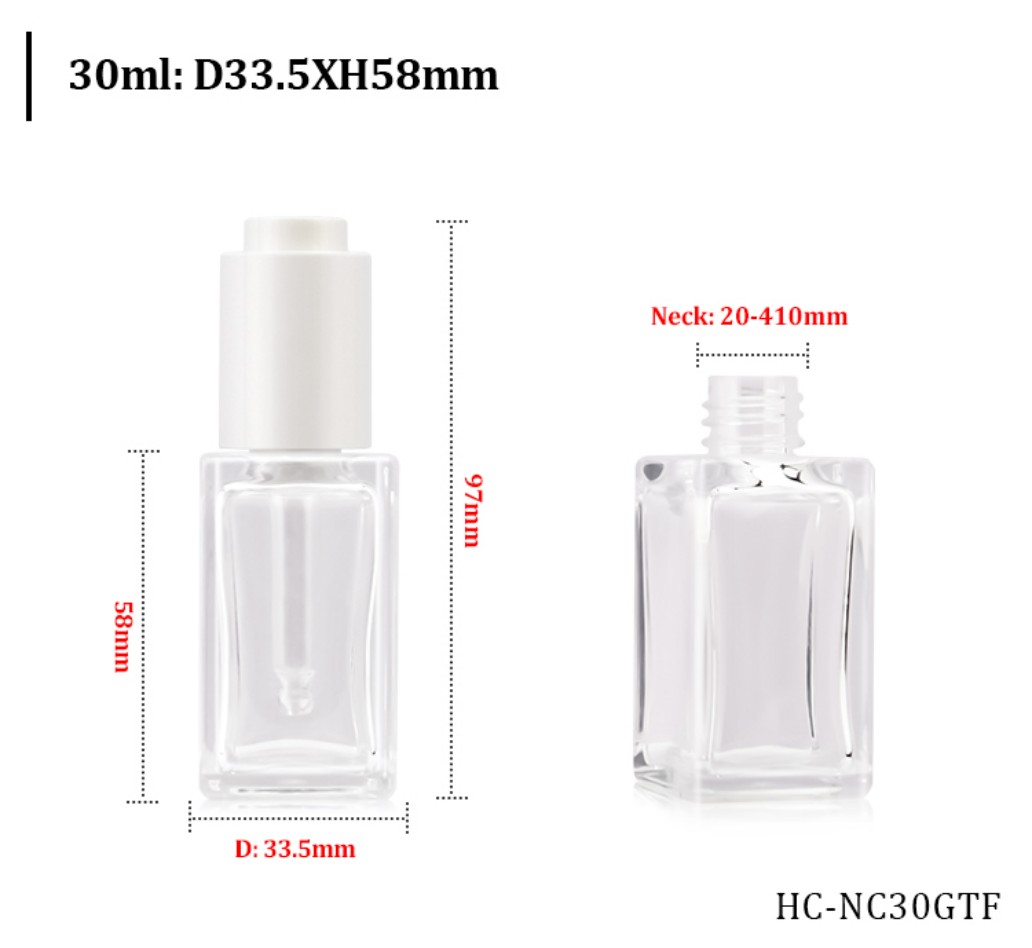 30ml D33.5mm Clear Square PETG Dropper Bottle Dimension Specification HC-NC30GTF 30ml D33.5mm Clear Square PETG Dropper Bottle Dimension Specification HC-NC30GTF