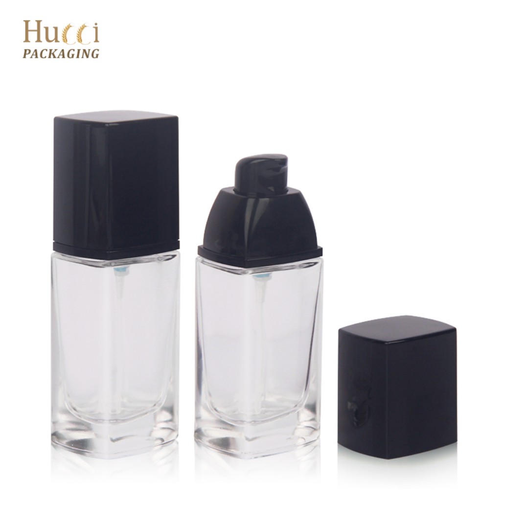 HUCCI 30ml Clear Square Glass Pump Bottle with Black Cap Front View White Background