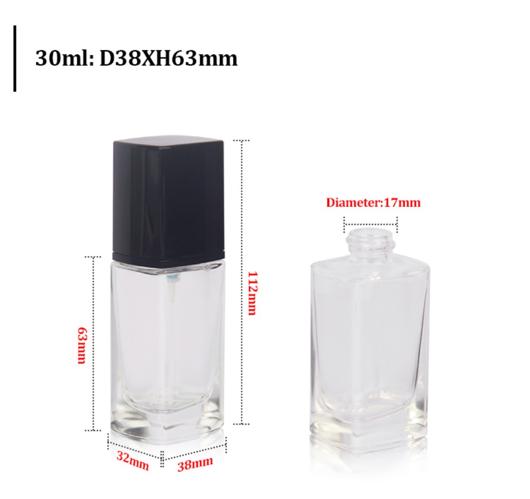 30ml D38mm Square Glass Foundation Pump Bottle Dimension Specification 30ml D38mm Square Glass Foundation Pump Bottle Dimension Specification