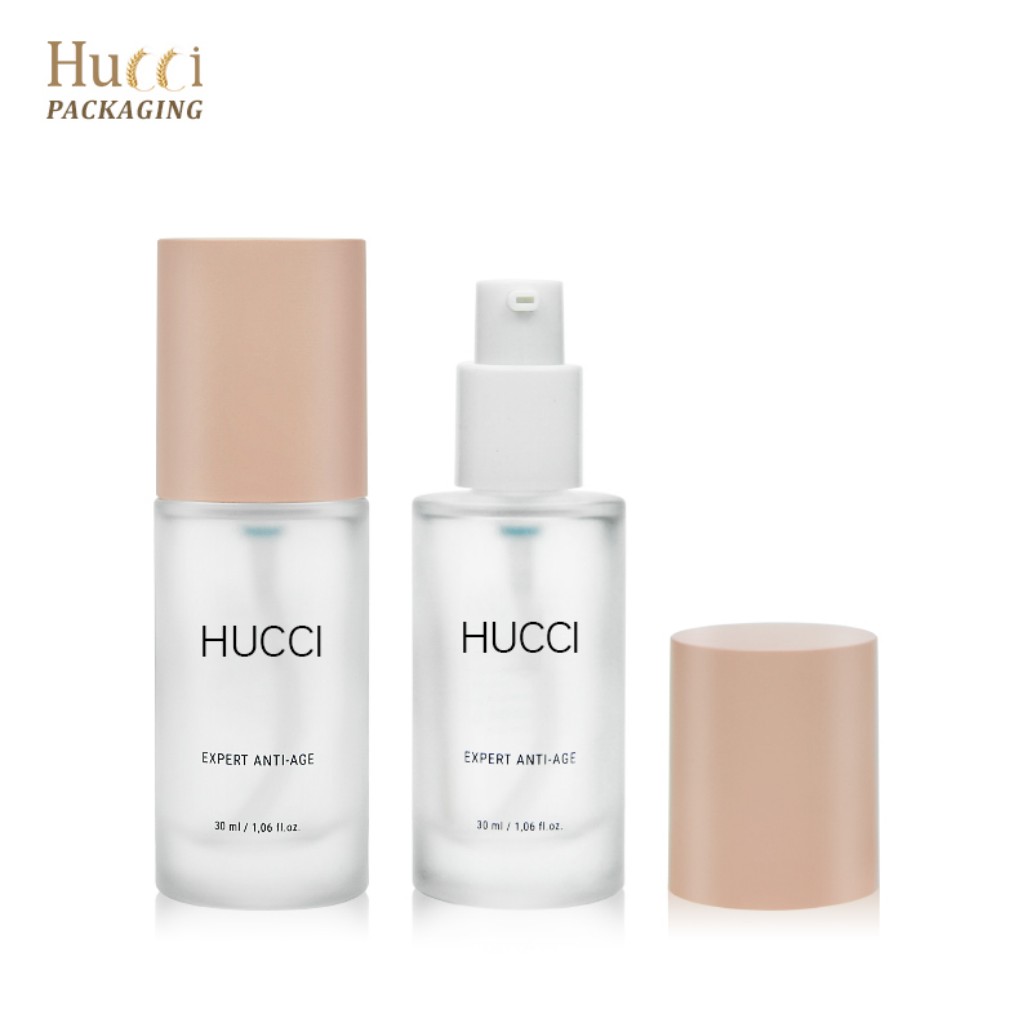 HUCCI 30ml Frosted Glass Lotion Pump Bottle with Detachable Cap White Background