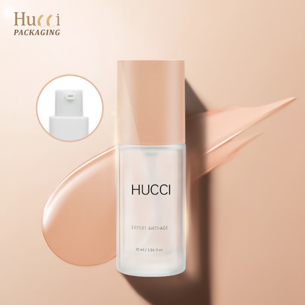HUCCI 30ml Frosted Glass Lotion Pump Bottle with Nude Texture Background Display}