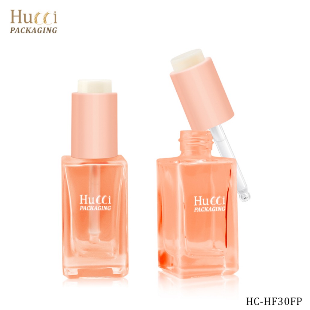 HUCCI 30ml Orange Square Glass Dropper Bottles with Pink Cap White Background