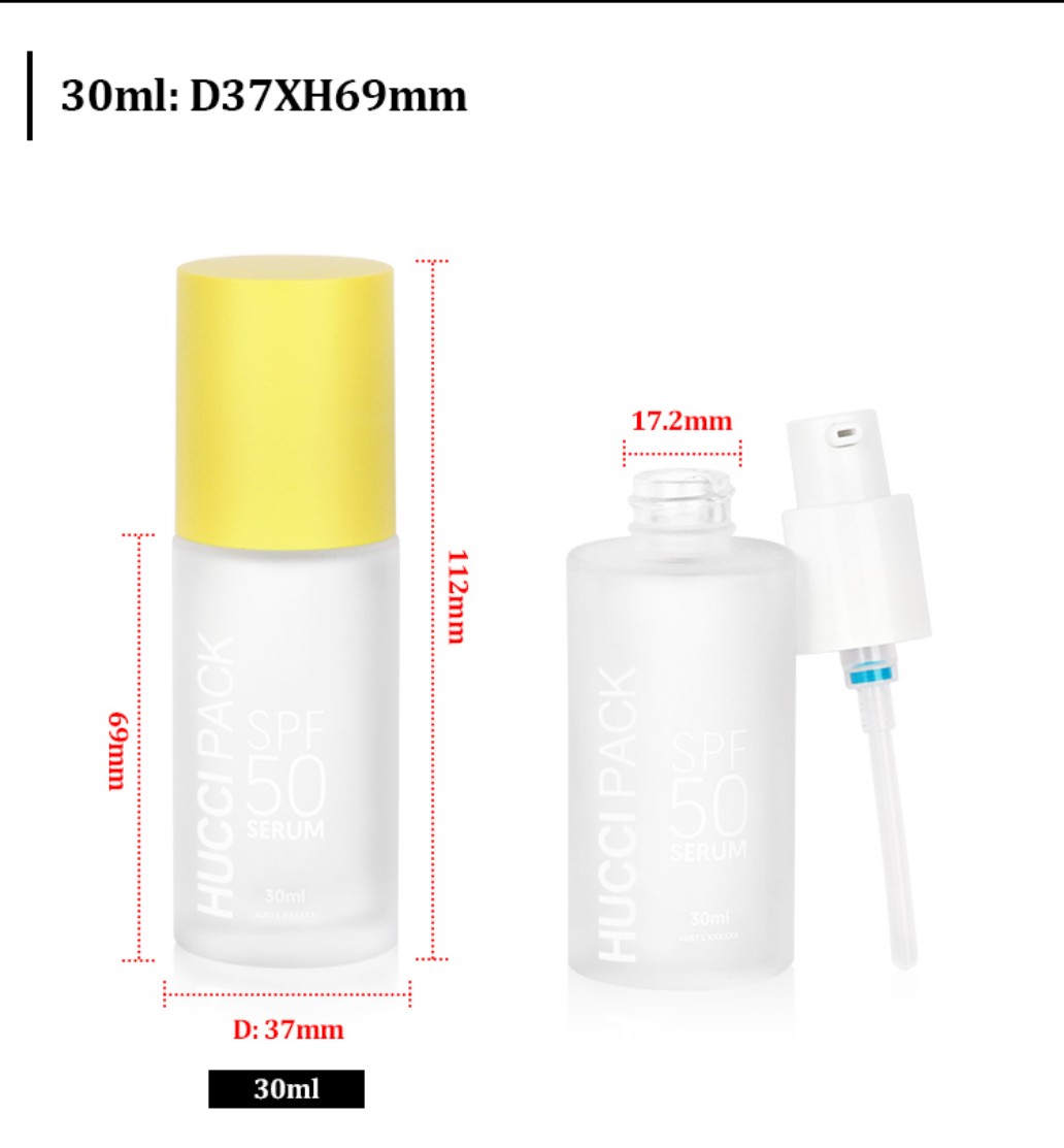 HUCCI 30ml D37×H69mm Frosted Glass Lotion Pump Bottle Size Specification Chart