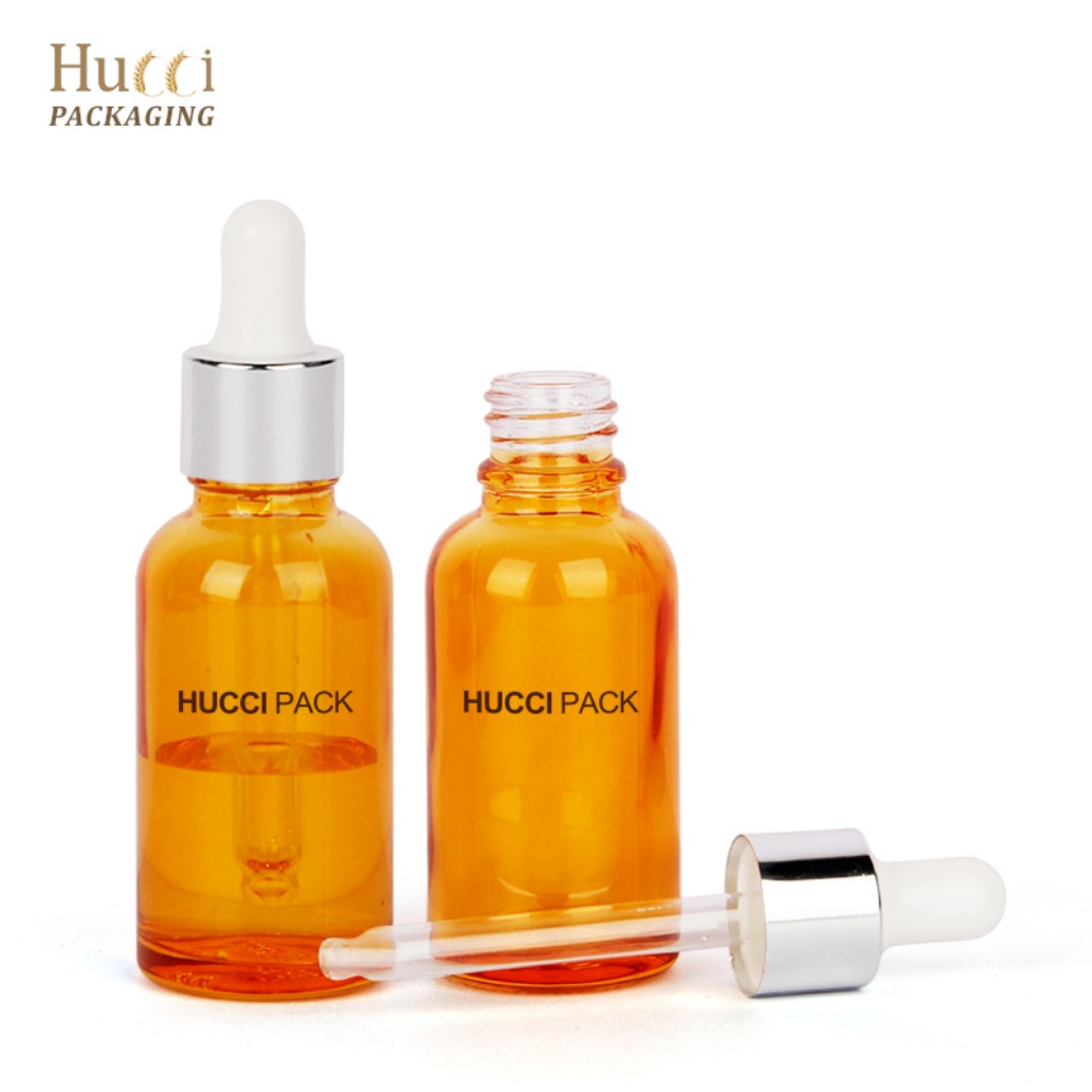 Wholesale 30ml amber orange glass dropper bottle with silver aluminum dropper for facial serum