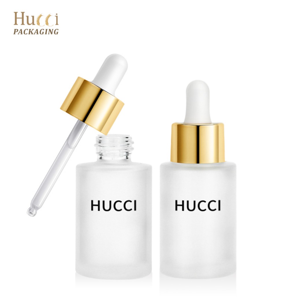 HUCCI 30ml Matte Frosted Glass Dropper Bottle with Gold Cap Opened White Background