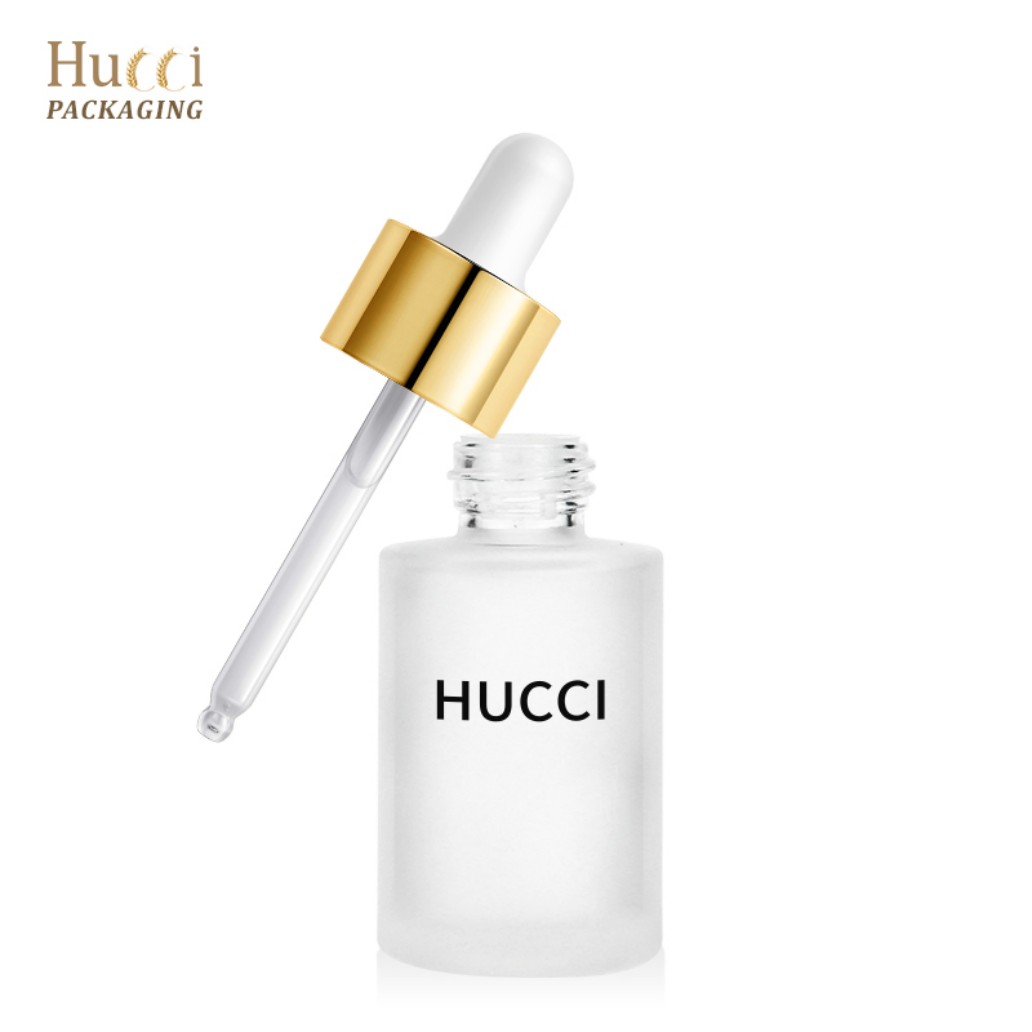 HUCCI 30ml Frosted Glass Dropper Bottles with Gold Cap Closed & Opened White Background}