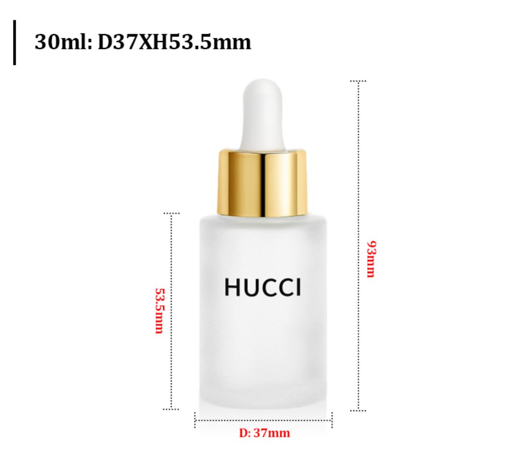 30ml D37mm Frosted Glass Serum Dropper Bottle with Gold Cap Dimension Specification