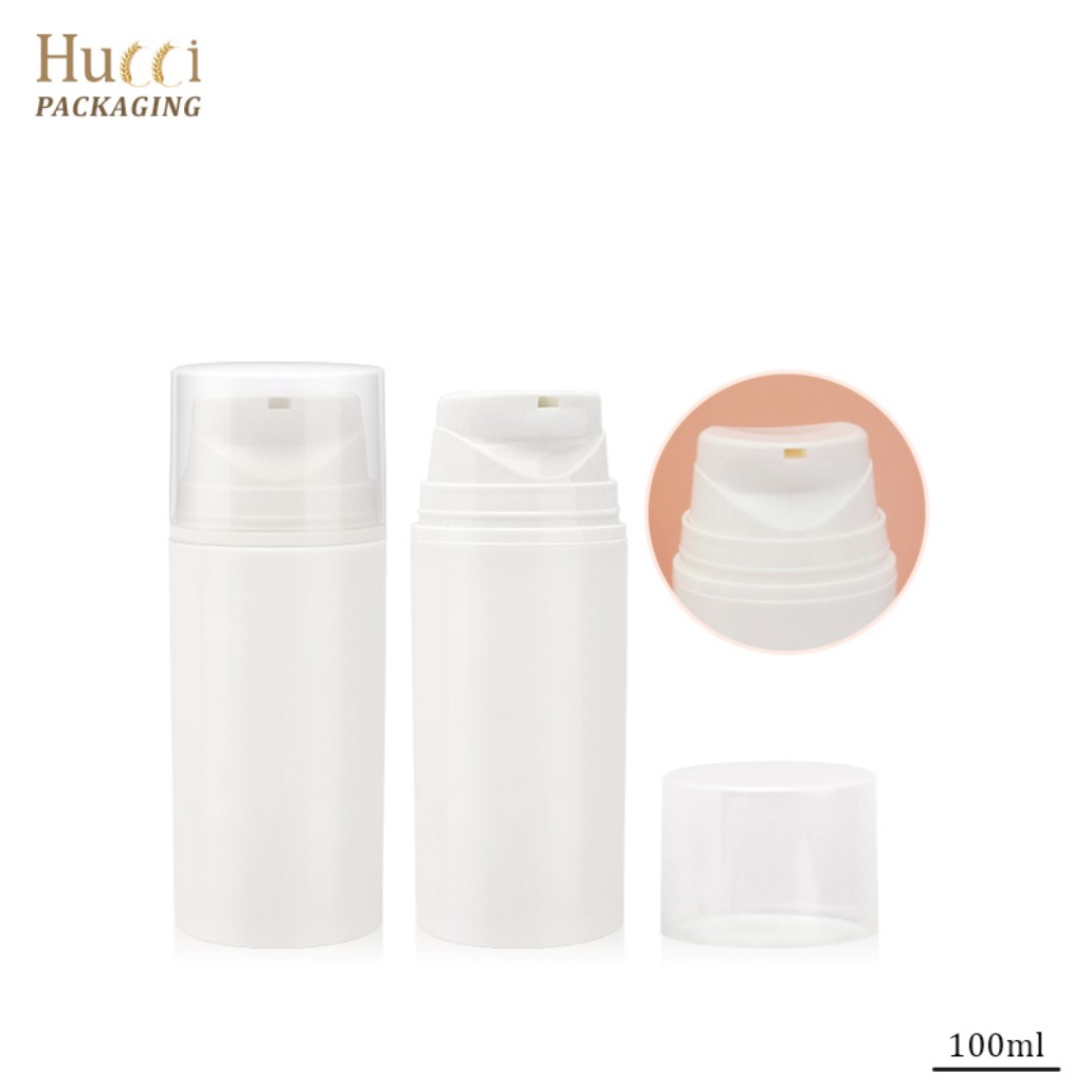 100ml White PP Airless Lotion Pump Bottle with Clear Cap 3-Piece Set & Nozzle Detail