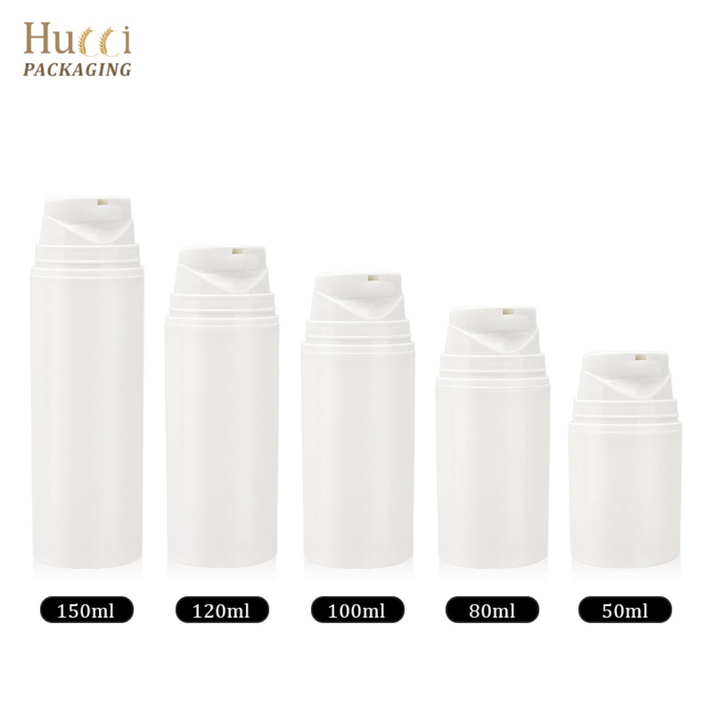 50ml-150ml White PP Airless Lotion Pump Bottles Multi-Capacity Set White Background}
