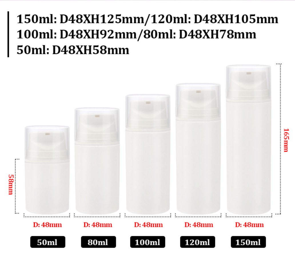 50ml 80ml 100ml 120ml 150ml D48mm White PP Airless Lotion Pump Bottle Dimension Specification 50ml 80ml 100ml 120ml 150ml D48mm White PP Airless Lotion Pump Bottle Dimension Specification