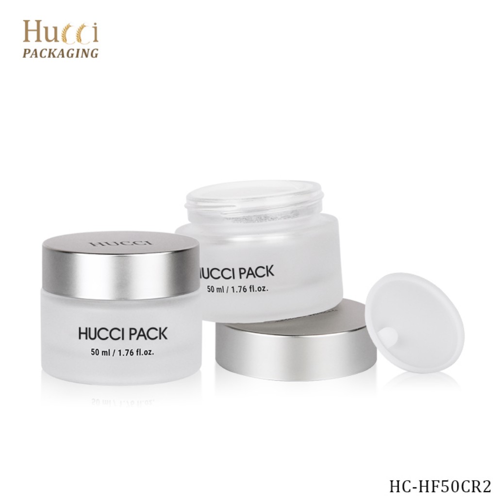 HUCCI 50ml Frosted Glass Face Cream Jars with Silver Caps & PP Sealers White Background