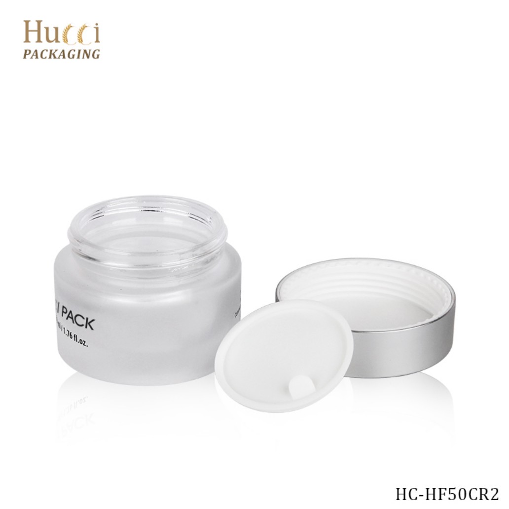 50ml Matte Frosted Glass Cosmetic Cream Jar with Silver Lid & PP Inner Sealer Angled View}