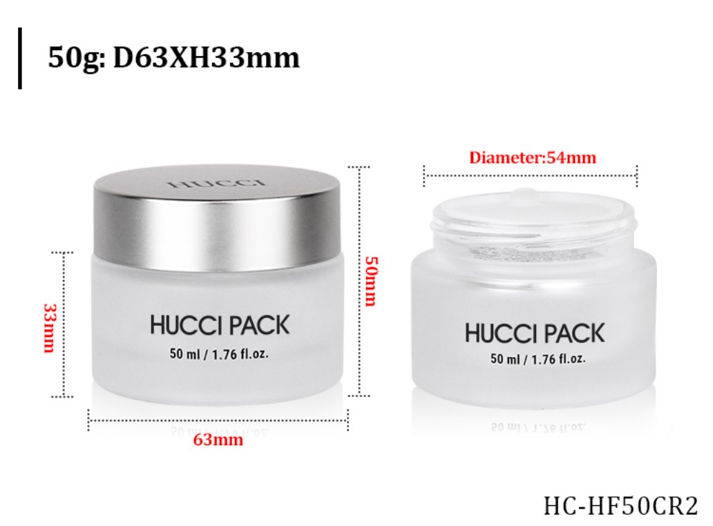 50g D63mm Frosted Glass Face Cream Jar with Silver Cap Dimension Specification