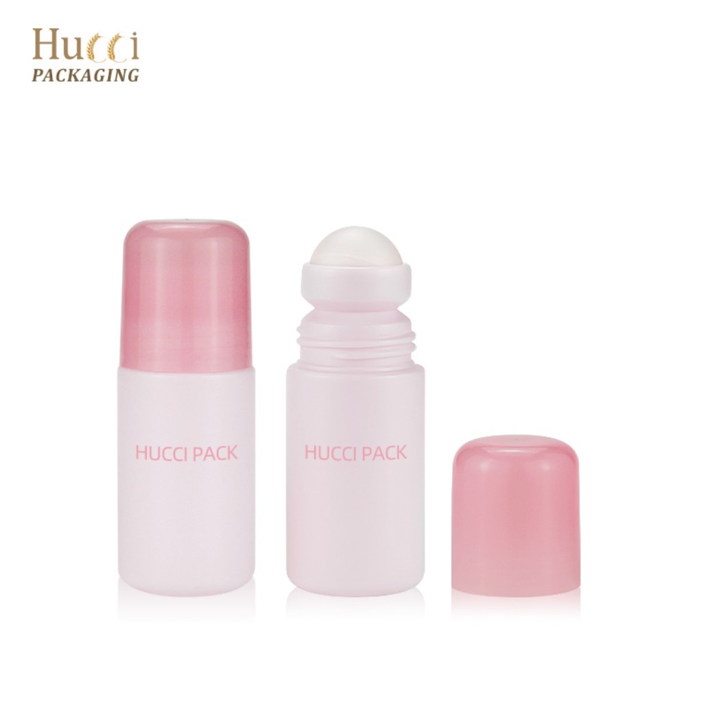 HUCCI 50ml Pink HDPE Roll-On Deodorant Bottle Leaning with Cap Off White Background