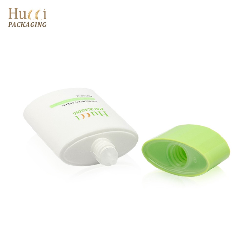 HUCCI 50ml White PE Sunscreen Cream Bottle with Green Arc Cap & Nozzle Detail White Background}