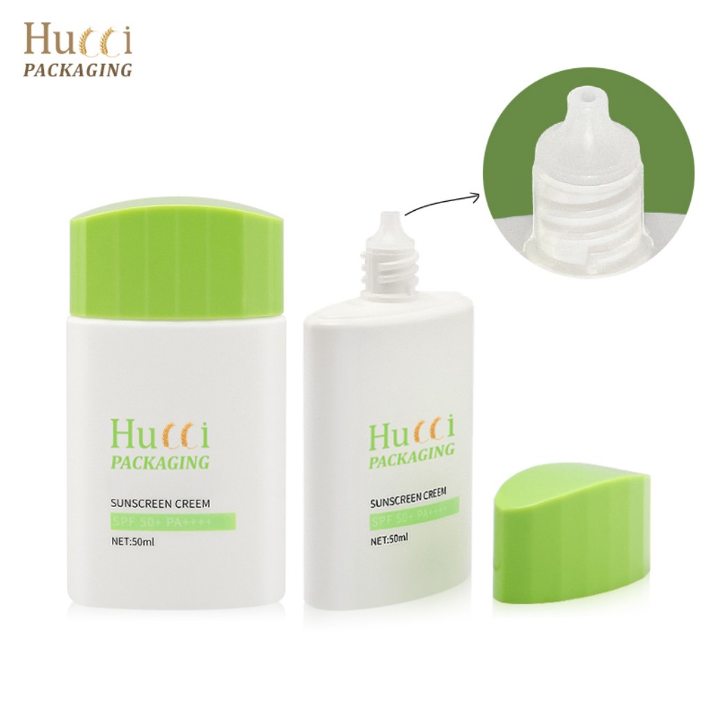 HUCCI 50ml PE Sunscreen Cream Bottle Lying Flat with Green Cap Detached White Background