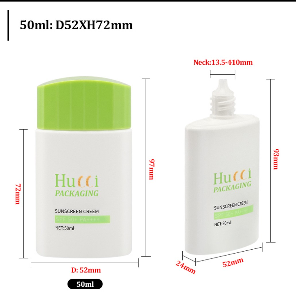 50ml D52mm White PE Sunscreen Cream Bottle with Green Cap Dimension Specification 50ml D52mm White PE Sunscreen Cream Bottle with Green Cap Dimension Specification
