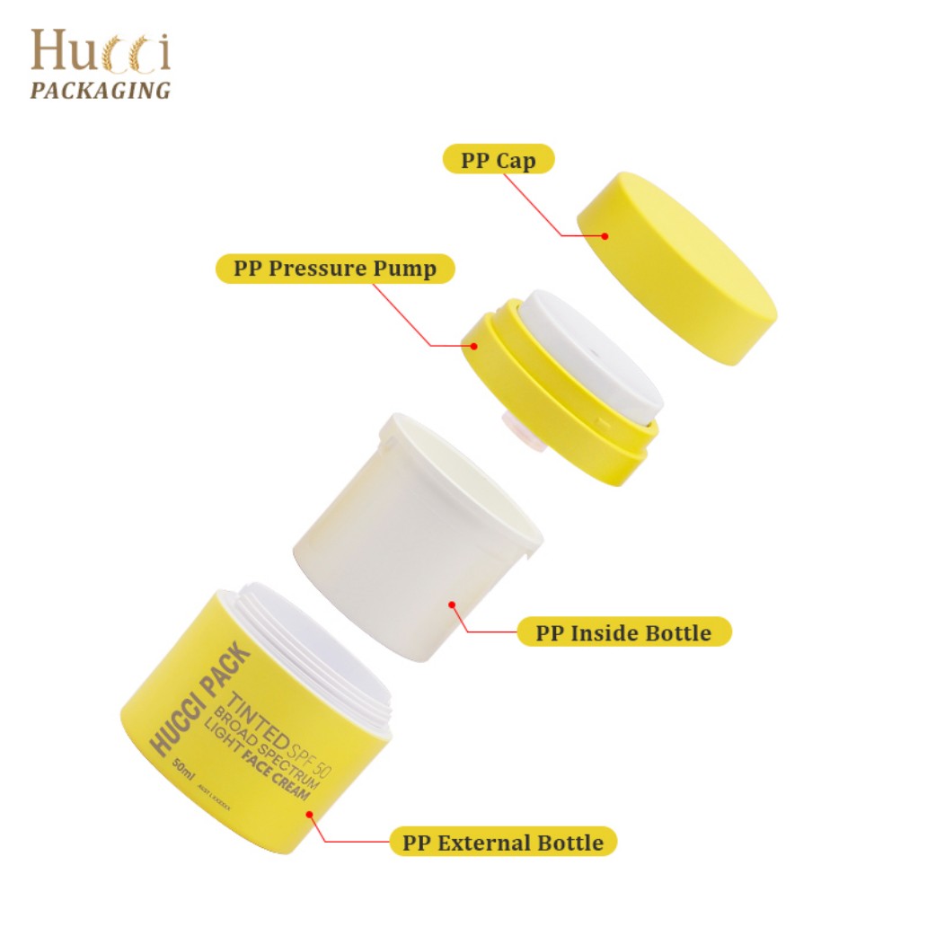HUCCI 50ml Yellow Airless Pump Cream Jar Exploded View with All PP Parts Labeled}