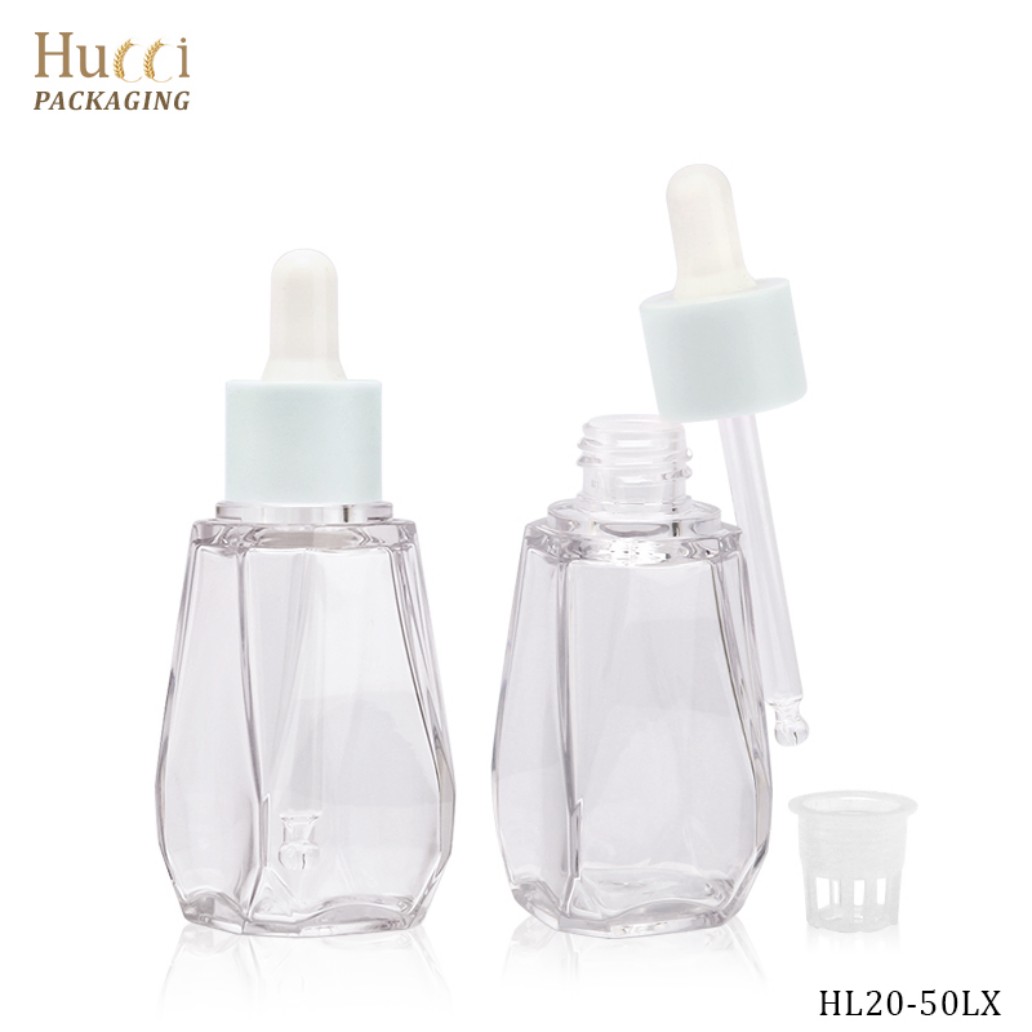 HUCCI 50ml Clear Polygonal PETG Dropper Bottles Closed & Opened with PP Plug White Background