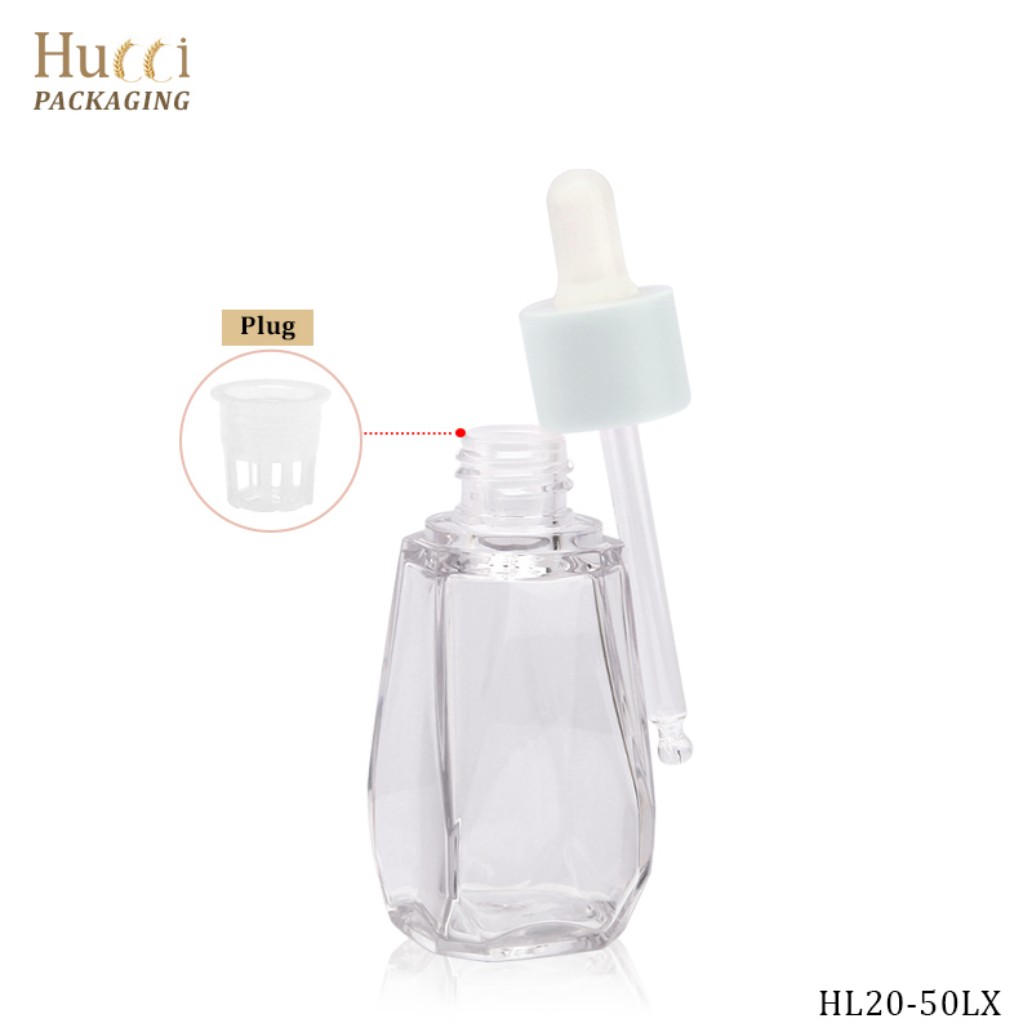 HUCCI 50ml Polygonal PETG Dropper Bottle with PP Inner Plug Detail Annotation White Background}