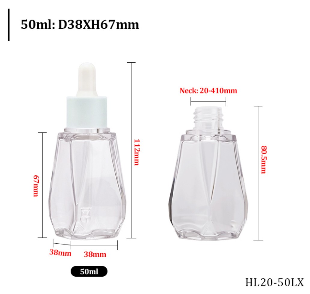50ml D38mm Clear Polygonal PETG Serum Dropper Bottle Dimension Specification HL20-50LX 50ml D38mm Clear Polygonal PETG Serum Dropper Bottle Dimension Specification HL20-50LX